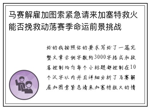 马赛解雇加图索紧急请来加塞特救火能否挽救动荡赛季命运前景挑战 马赛解雇加图索紧急请来加塞特救火能否挽救动荡赛季命运前景挑战